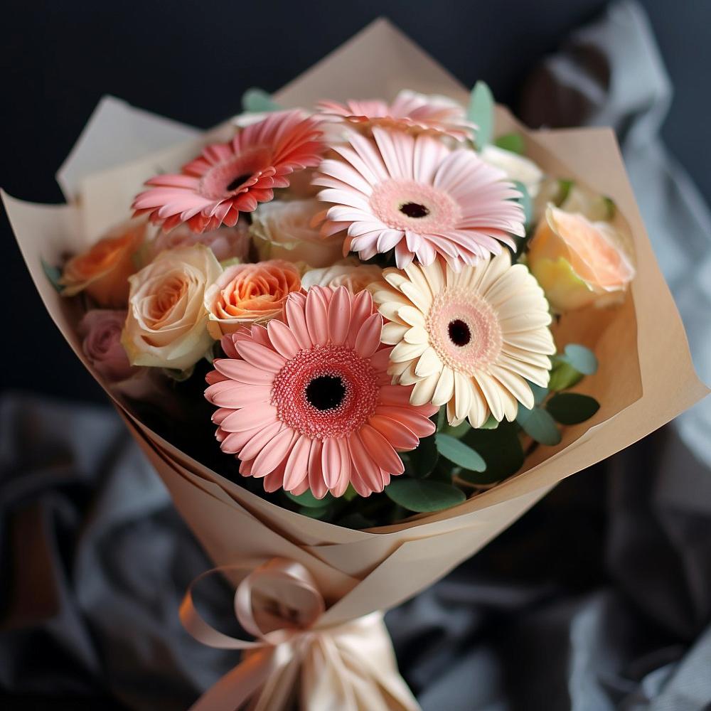 Букет цветов из: Герберы и Розы в Хлопово