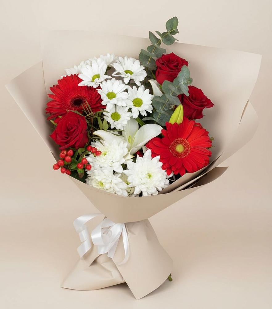 Букет цветов из: Розы, Хризантемы, Герберы и Лилии в Хлопово