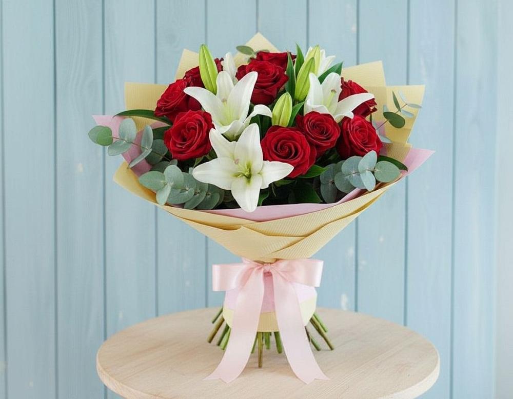 Букет цветов из: Лилии и Розы в Хлопово