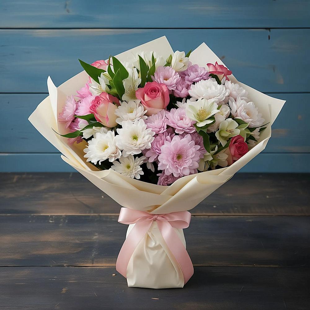 Букет цветов из: Хризантемы, Альстромерии и Розы в Хлопово